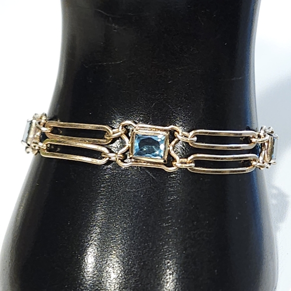 Vintage Jewelry - Sturdy 12K Gold Filled Blue Glass Faux Topaz Art Deco Vintage Bracelet 40s 50s